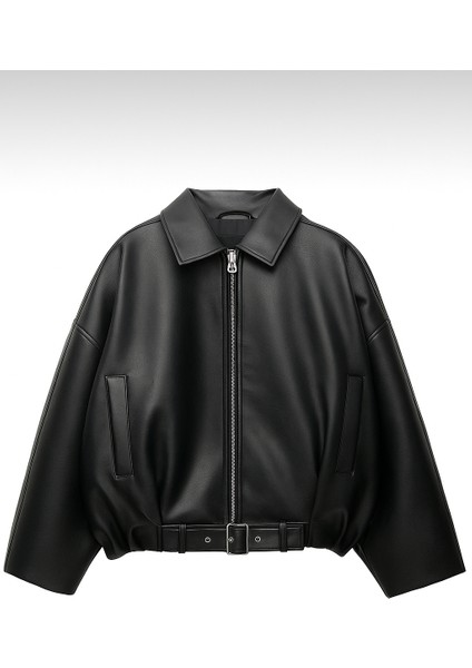 Kadın Oversize Bomber Suni Deri Ceket | Yeni Sezon Kemerli Biker Ceket