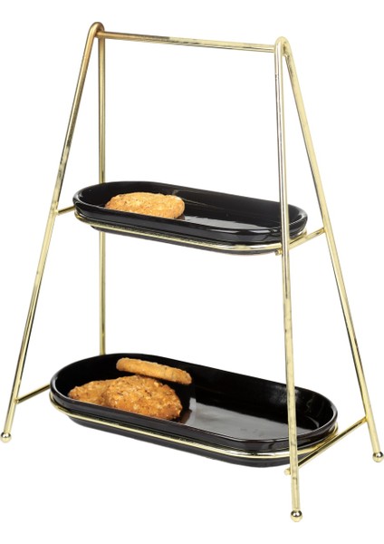Oval Iki Katlı Sunum Standı, Gold Kaplama ve Siyah Detaylarla Şık Tasarım fiyatları
