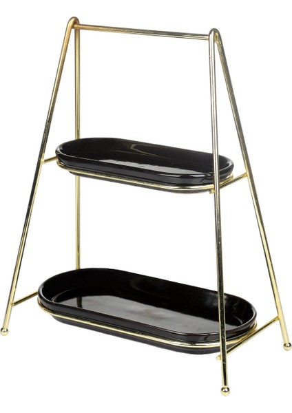 Oval Iki Katlı Sunum Standı, Gold Kaplama ve Siyah Detaylarla Şık Tasarım modelleri