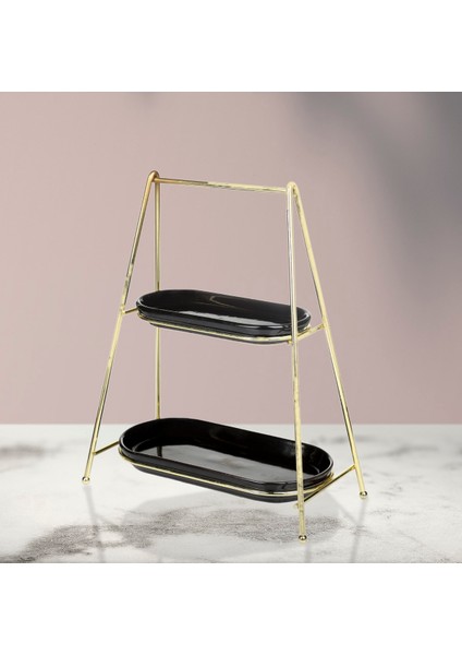 Oval Iki Katlı Sunum Standı, Gold Kaplama ve Siyah Detaylarla Şık Tasarım fırsatları