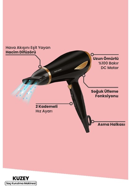 Güçlü ve Ayarlanabilir Saç Kurutma Makinesi, Hız ve Isı Kontrolü, Siyah Renk