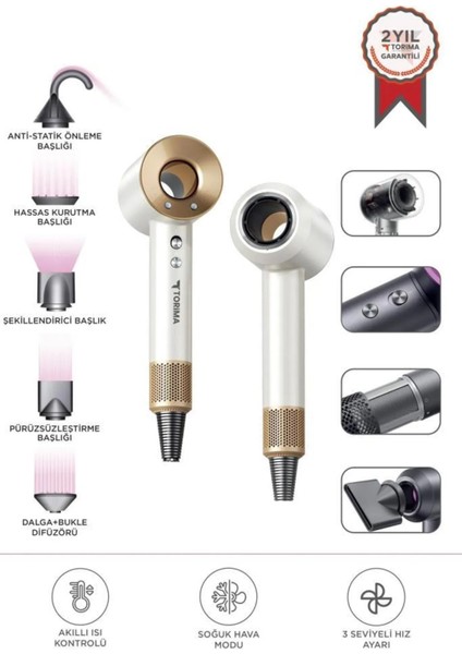 Renkli 3 Kademe Zarif Tasarımlı Akıllı Sıcak-Soğuk Modlu Yedek Başlıklı Saç Kurutma