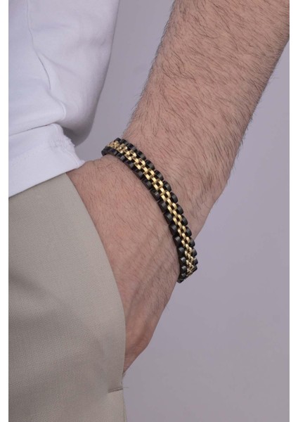 Altın Kaplama Çift Renk Kordon Model Çelik Erkek Bileklik