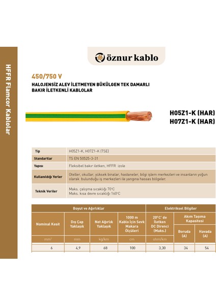 1x6 H07V-K, Nyaf Sarı/yeşil Topraklama H.free Kablo modelleri