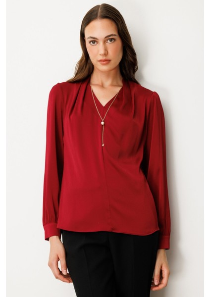 Kadın Kolye Aksesuarlı V Yaka Bluz 3013 Bordo