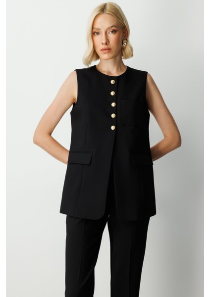 Kadın Önü Düğmeli Kapak Cepli Yelek 5007 Siyah