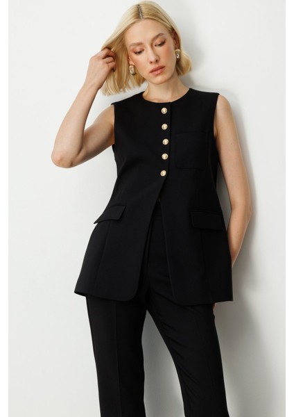 Kadın Önü Düğmeli Kapak Cepli Yelek 5007 Siyah fiyatları