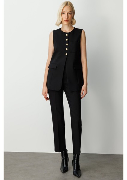 Kadın Önü Düğmeli Kapak Cepli Yelek 5007 Siyah modelleri