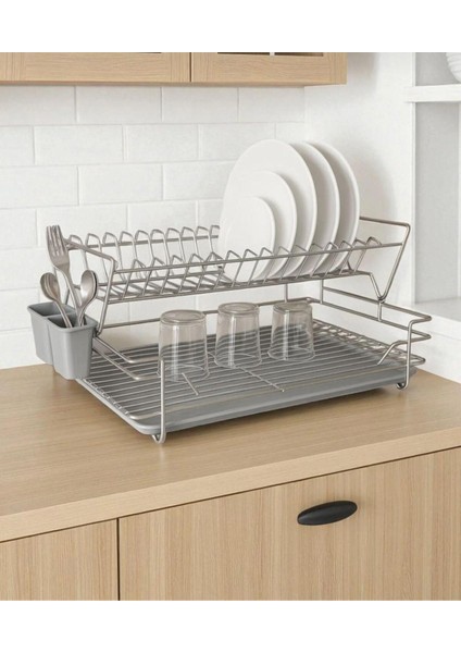 Paslanmaz 2 Katlı Tepsili Bulaşıklık - Tabaklık Organizer Krom