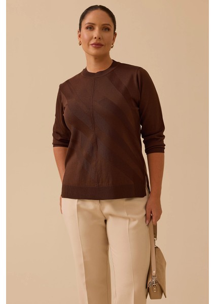 Kadın Büyük Beden Desenli Triko Bluz 4006 Kahverengi