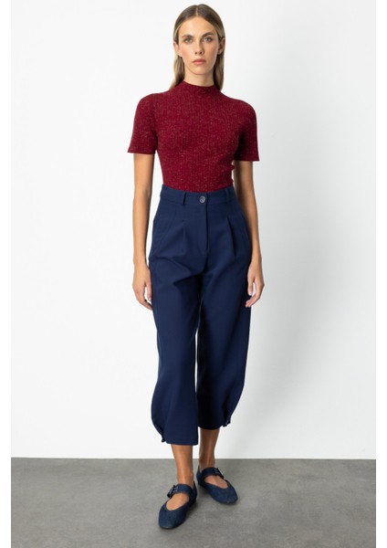 Kadın Paçası Düğmeli Fleto Cepli Pantolon 64137 Lacivert