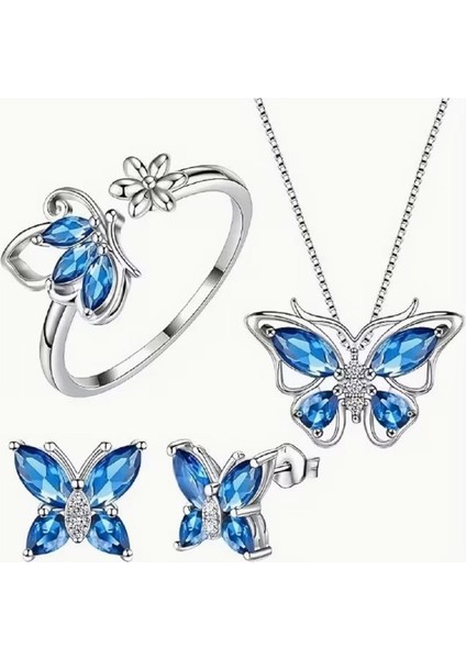 Set Günlük Giyim & Iş Yeri Blue Butterfly Zincirli Kolye & Yüzük & Küpe Seti