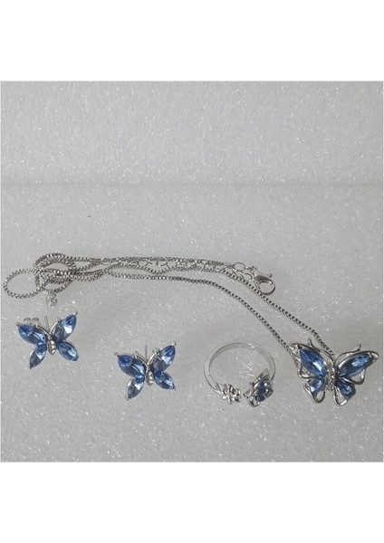 Set Günlük Giyim & Iş Yeri Blue Butterfly Zincirli Kolye & Yüzük & Küpe Seti modelleri