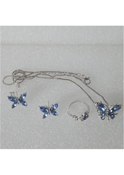 Set Günlük Giyim & Iş Yeri Blue Butterfly Zincirli Kolye & Yüzük & Küpe Seti fırsatları