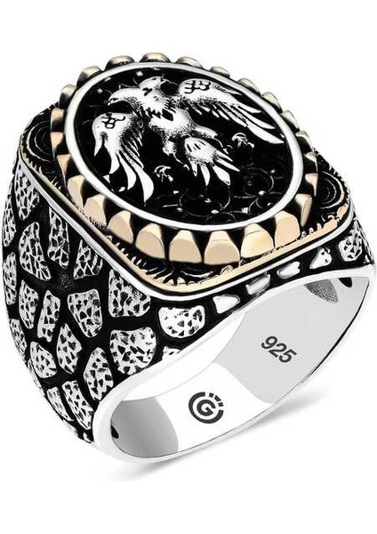 Gümüş Çift Başlı Kartal Oval Erkek Yüzük