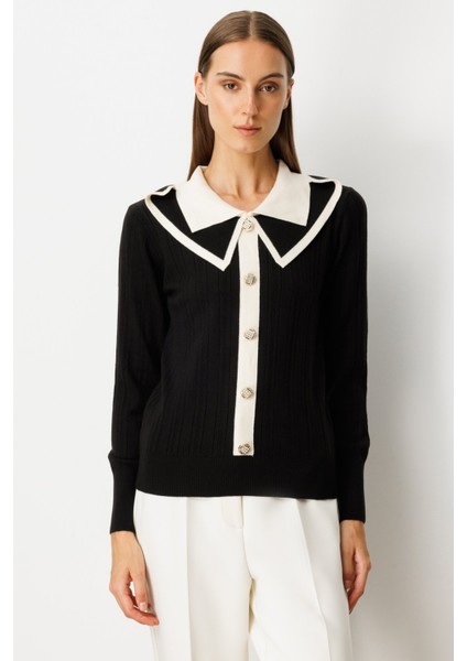 Kadın Çift Yaka Düğme Detaylı Triko Kazak 66460 Siyah