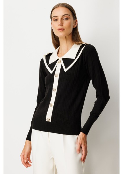 Kadın Çift Yaka Düğme Detaylı Triko Kazak 66460 Siyah fiyatları