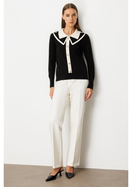 Kadın Çift Yaka Düğme Detaylı Triko Kazak 66460 Siyah modelleri