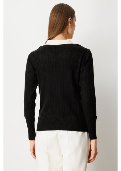 Kadın Çift Yaka Düğme Detaylı Triko Kazak 66460 Siyah fırsatları