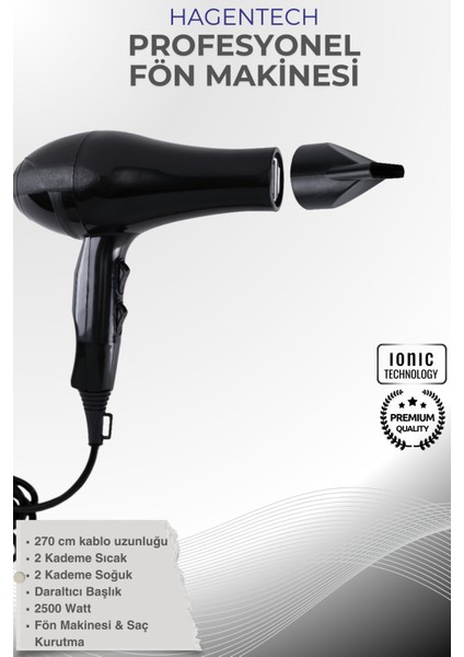 Siyah 2500W Profesyonel Saç Kurutma Makinesi, Güçlü ve Hızlı Kurutma Özelliği