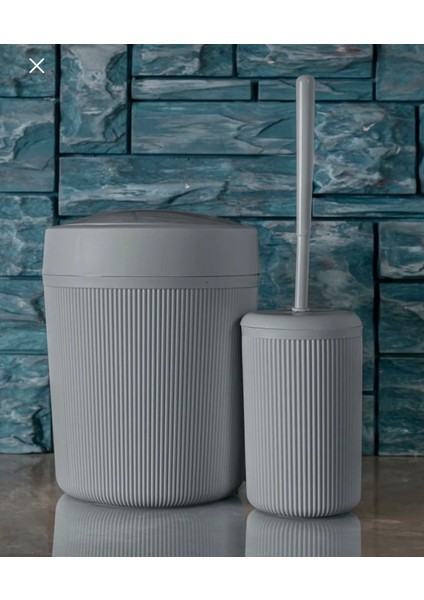 2'li Banyo Seti - Pratik Kapaklı Çizgili Çöp Kovası - Fırça Seti 7 Lt Çöp Kutusu Banyo Takımı