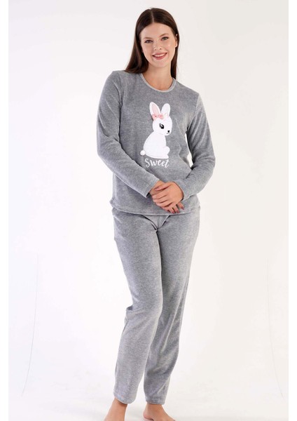 Kadın Gri Melanj Renk Bisiklet Yaka Uzun Kollu Düz Paça Pijama Takımı C0T1N0603