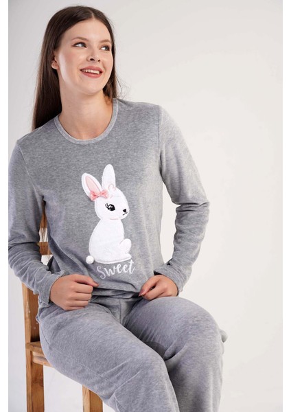 Kadın Gri Melanj Renk Bisiklet Yaka Uzun Kollu Düz Paça Pijama Takımı C0T1N0603 fiyatları