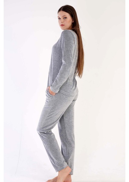 Kadın Gri Melanj Renk Bisiklet Yaka Uzun Kollu Düz Paça Pijama Takımı C0T1N0603 modelleri