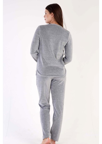 Kadın Gri Melanj Renk Bisiklet Yaka Uzun Kollu Düz Paça Pijama Takımı C0T1N0603 fırsatları