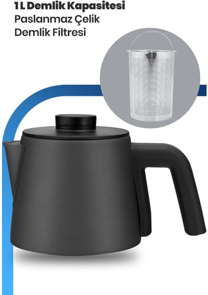 2200W Paslanmaz Çelik Çay ve Su Isıtıcı, Antrasit Renk, Damlatmaz Özellikli