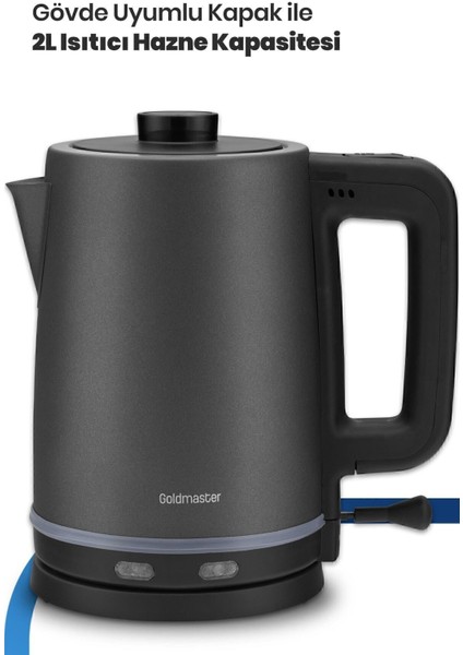 2200W Paslanmaz Çelik Çay ve Su Isıtıcı, Antrasit Renk, Damlatmaz Özellikli