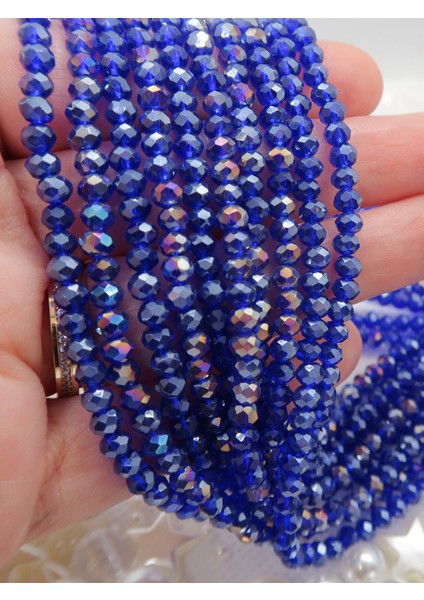 3 Dizi 4mm Yassı Kristal Boncuk Janjan Lacivert Takı Yapımı Cam Boncuk