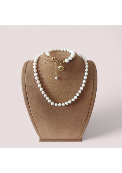 Doğal Inci Set, Altın Renk Paslanmaz Çelik Istiridye Detaylı, Kolye Bileklik Seti