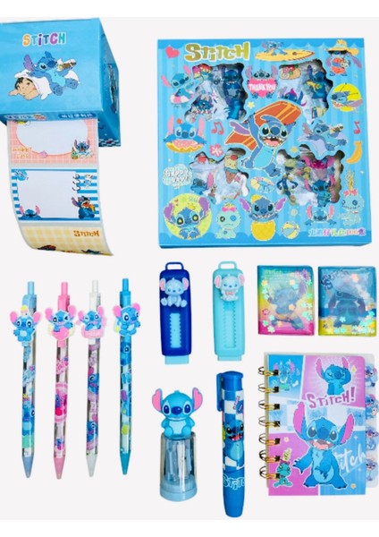 Stitch 16 Parça Kırtasiye Seti Uçlu Kalem Not Defteri Kutulu Sticker Etiket Silgi Kalemtraş
