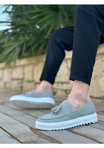 ET0154 Bağcıksız Yüksek Taban Gri Süet Püsküllü Erkek Ayakkabı