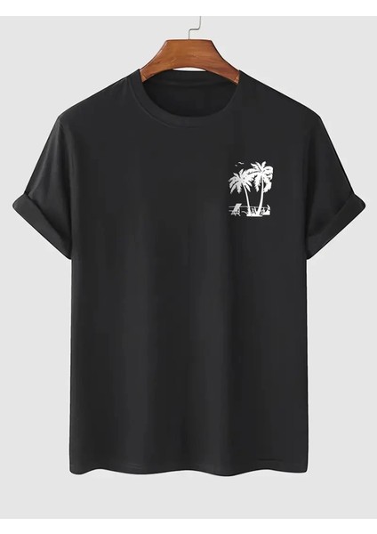 Baskılı Oversize Bisiklet Yaka T-Shirt - Siyah