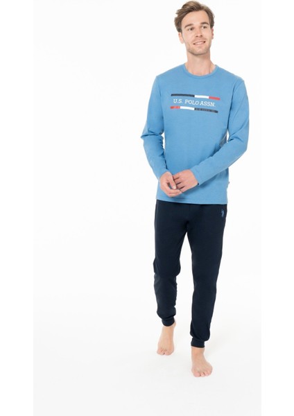 18951 Erkek Mavı Yuvarlak Yaka Uzun Kollu Pijama Takımı