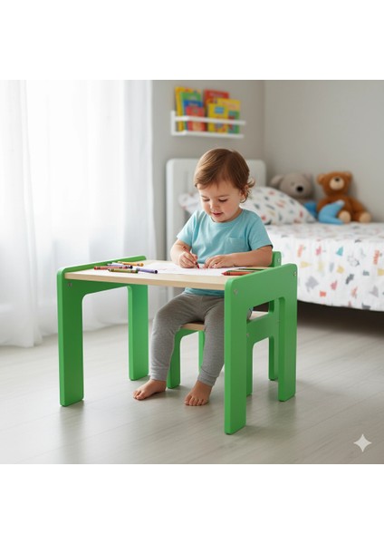 Montessori Uyumlu Ahşap Aktivite Masası ve Sandalyesi Seti - Yeşil