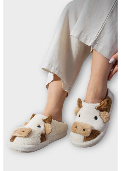 Inek Figürlü Nakışlı Kaydırmaz Taban Kışlık Unisex Ev Terliği Beyaz - Kahverengi fiyatları