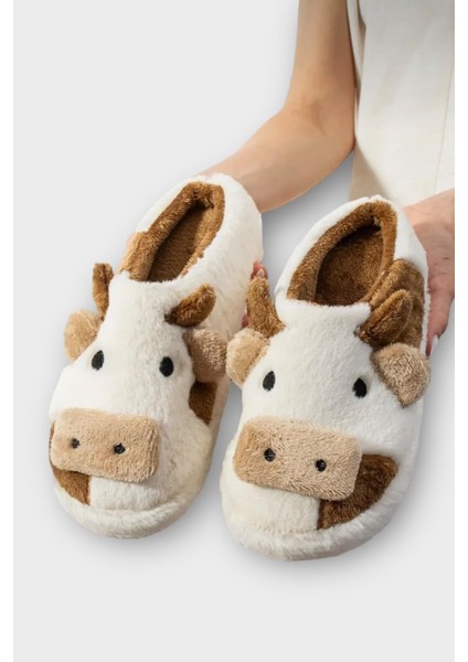 Inek Figürlü Nakışlı Kaydırmaz Taban Kışlık Unisex Ev Terliği Beyaz - Kahverengi modelleri