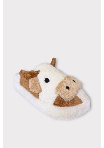 Inek Figürlü Nakışlı Kaydırmaz Taban Kışlık Unisex Ev Terliği Beyaz - Kahverengi indirimleri