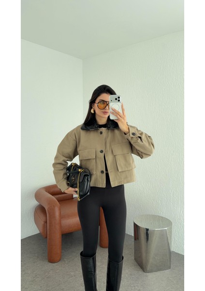 Yakası Deri Gabardin Ceket