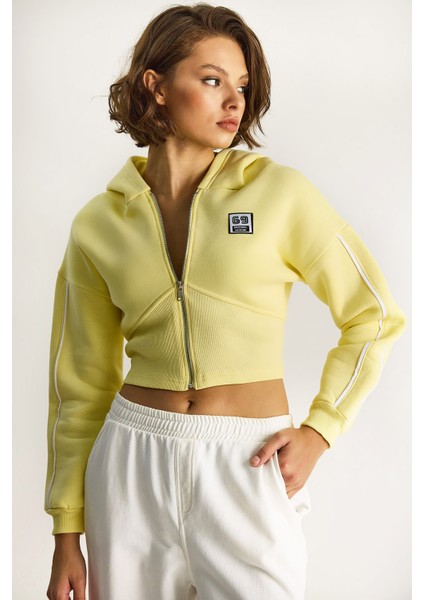 Kadın Kapüşonlu Fermuarlı Korse Detaylı Şardonlu Crop Hırka