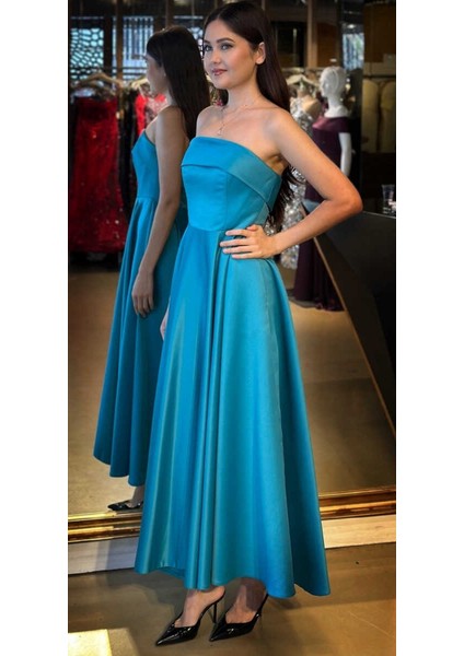 Turkuaz Straplez Yaka Kloş Etekli Saten Midi Abiye Elbise 7647