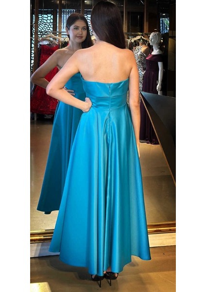 Turkuaz Straplez Yaka Kloş Etekli Saten Midi Abiye Elbise 7647 fırsatları