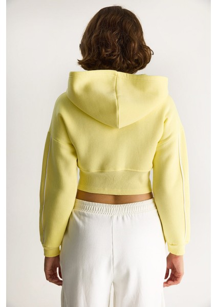 Kadın Kapüşonlu Fermuarlı Korse Detaylı Şardonlu Crop Hırka