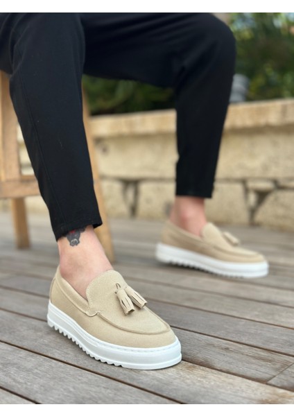 ET0154 Bağcıksız Yüksek Taban Keten Krem Renk Püsküllü Erkek Ayakkabı