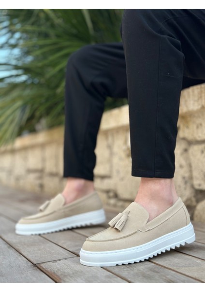 ET0154 Bağcıksız Yüksek Taban Keten Krem Renk Püsküllü Erkek Ayakkabı fiyatları