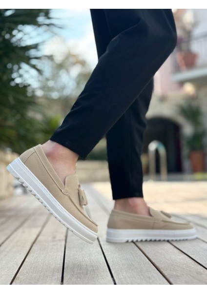 ET0154 Bağcıksız Yüksek Taban Keten Krem Renk Püsküllü Erkek Ayakkabı modelleri