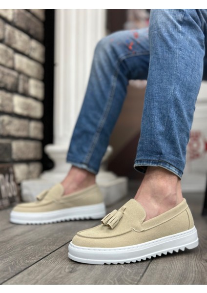 ET0154 Bağcıksız Yüksek Taban Keten Krem Renk Püsküllü Erkek Ayakkabı indirimleri